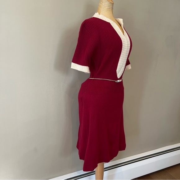 Vintage 70s Wool Blend Knit Shift Dress Sz 8 Burgundy Ivory Stretch Belt Silver - Picture 2 of 14